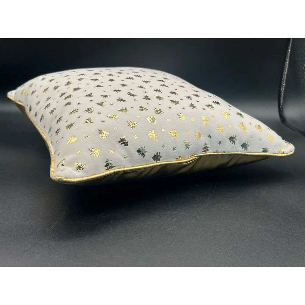 Gold & White Christmas Tree Pattern Pillow Metallic Faux Leather Back 12